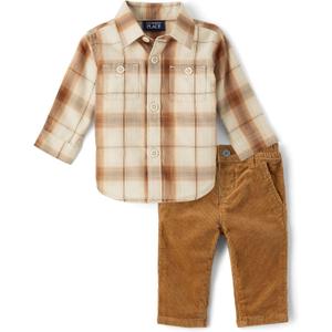 The Children's Place baby-boys And Newborn Button Down Shirt and Pants, 2 Piece Outfit (Iced Coffee Flannel)