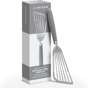 Misen Fish Stainless Steel Spatula - Slotted Turner for Cooking - Perfect for Frying - Heat Resistant - Dishwasher Safe -1mm Thick Flexible Flipper - Soft Silicone Grip Handle for Easy Use (Gray)