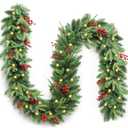 Christmas Garlands, Christmas Decorations, 9FT Pre-Decorated Winter Xmas Garland, Artificial Holiday Decor Faux Greenery for Mantle, Fireplace, Stair, Door, Indoor Outdoor with Pinecones, Red Berries