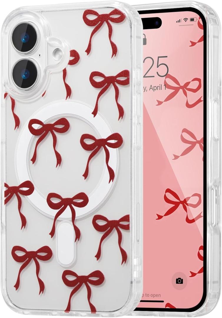 UEEBAI Magnetic for iPhone 16 Case, Burgundy Bow Case Compatible with MagSafe, Wireless Slim Clear Ribbon Aesthetic Phone Cover Anti-Yellowing Shockproof Protective Cover for Women Girl - Burgundy (iPhone 16, Burgundy)