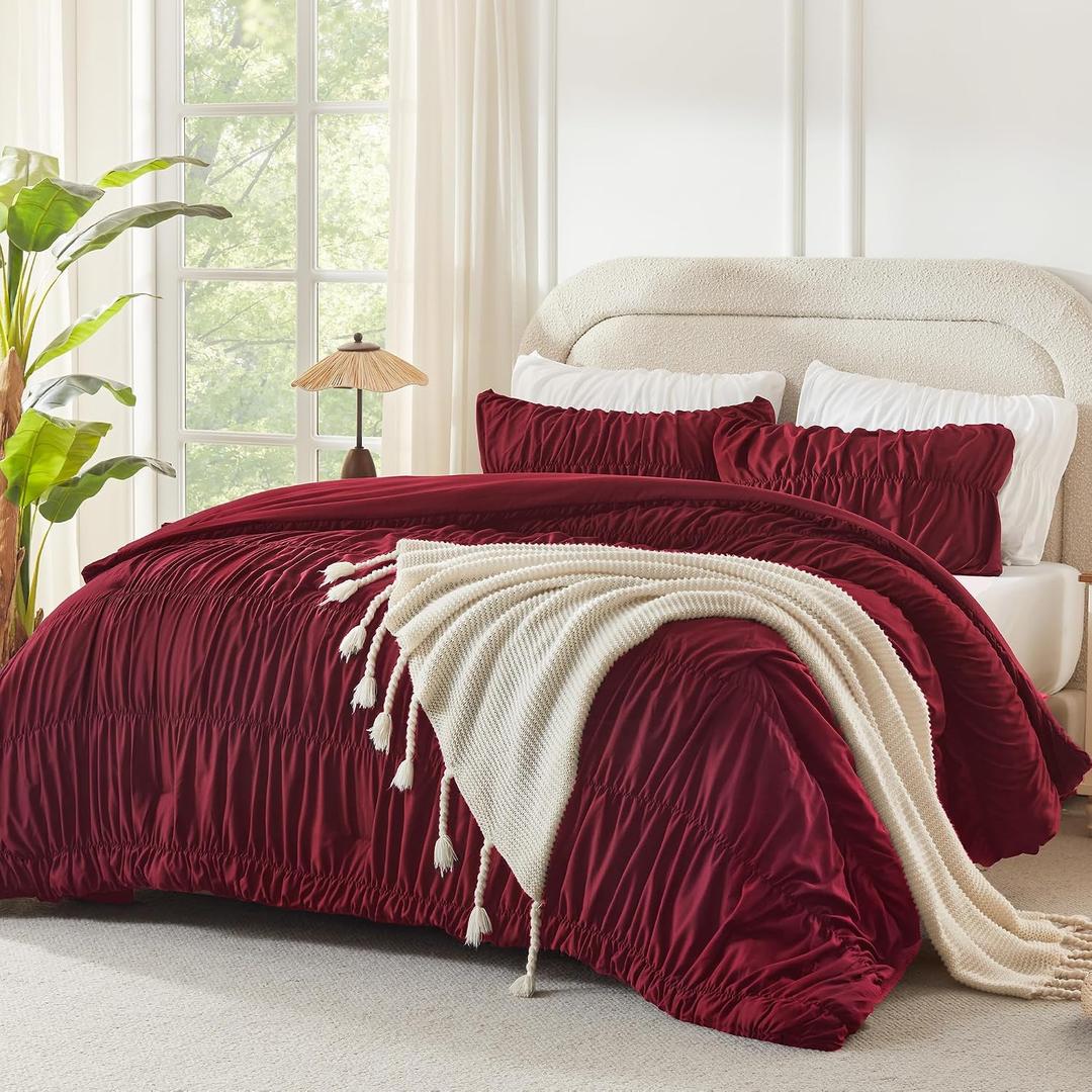 Ruched Burgundy Oversized Queen Size Comforter Sets, 3 Pieces | Shabby Chic Ruffle Bedding Set, Boho Pleatd Comforter for Girls, Kids, Women, Lightweight Soft Bed Set , All Season