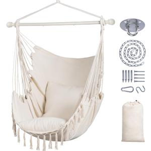 SUNCREAT Hammock Chair Hanging Rope Swing Seat-Max 450lbs Capacity, Extra Large Macrame Hanging Swing with Side Pocket, Two Seat Cushion, Beige