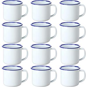 Yinder Mini Enamel Camping Coffee Mugs Metal Small Classic Portable White Campfire Mugs Bulk Vintage Cups with Handle for Coffee Tea Picnic Travel Indoor Outdoor Activities(12 oz, 12 Pcs)