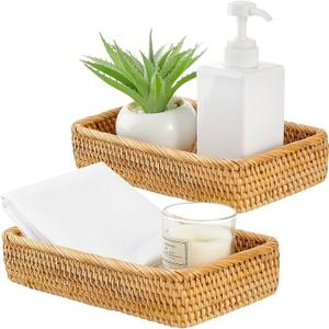 2 Pack Rattan Bathroom Vanity Tray 10 x 6 x 2 Inches Wicker Toilet Tank Topper Basket for Bathroom Kitchen Toilet Tank Vanity Countertop Table Shelf