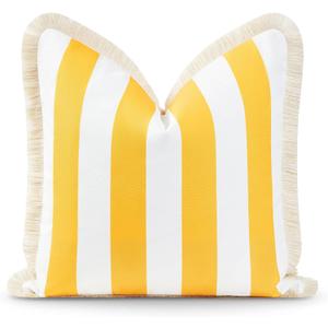 Hofdeco Premium Coastal Patio Indoor Outdoor Pillow Cover Only, 20"x20" Water Resistant for Backyard, Couch, Yellow Stripe Fringe (Yellow Stripe 20"x20")