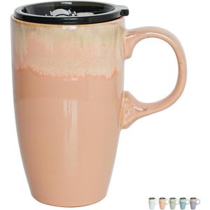 Bosmarlin Ceramic Travel Coffee Mug with Handle and Lid, 18 oz, Portable Coffee Cup for Car Cup Holder, Microwave and Dishwasher Safe, Reactive Glaze (Light Orange)