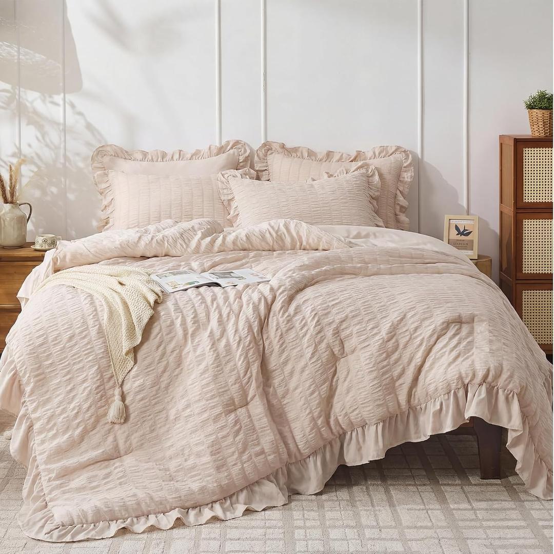JOLLYVOGUE Beige Queen Comforter Set, 3 Pieces Seersucker Comforters Queen Size, Lightweight & Fluffy Bedding Sets Queen for All Season with 1 Ruffle Comforter and 2 Ruffle Pillowshams