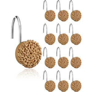 12 Pcs Boho Knots Shower Curtain Hooks Home Decorative Shower Rings Woven Wicker Ratten Decorative for Bathroom Farmhouse Curtain Hangers Accessories(Wood Color)