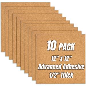 Cork Board Tiles 12"x12" - 1/2" Thick 10 Pack Cork Board Square Bulletin Boards Self Adhesive Corkboards for Walls Pin Boards Corkboards for Office Home School Decor