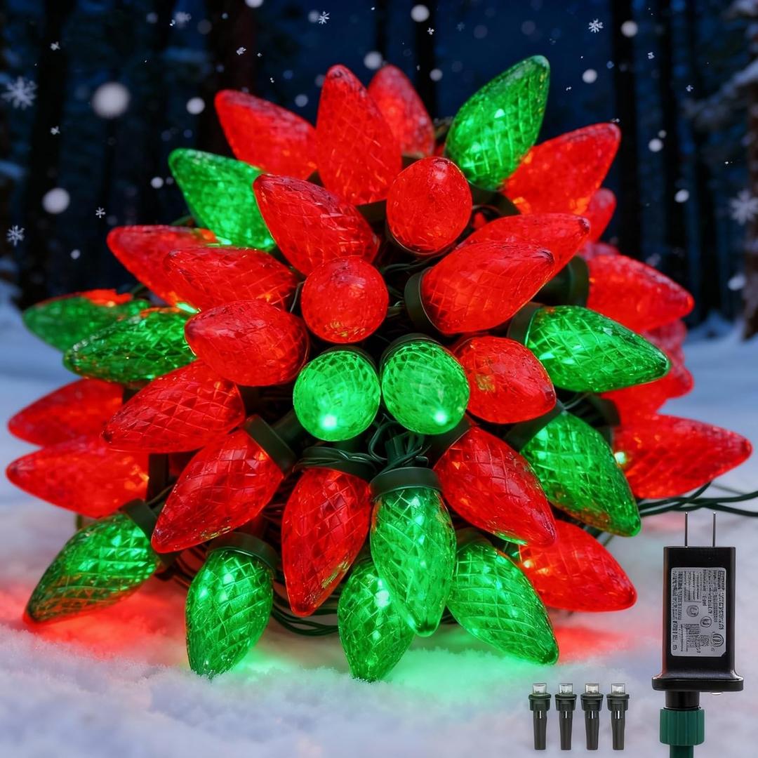 C9 LED Christmas Lights Outdoor,33 Feet 50 LED 8 Lighting Modes Waterproof Connectable Christmas String Lights for Outside Roofline Patio Home Xmas Decorations (Red & Green)