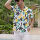 ASTRYON Hawaiian Shirt for Men Short Sleeve Floral Palm Button Down Tropical Vacation Beach Shirt (US, Alpha, Medium, Regular, Regular, White and Yellow and Blue) (M)