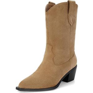 Suede Cowboy Boots for Women Pointed Toe Mid-Calf Western Boots Chunky Heel Cowgirl Booties Dressy Pull on Wide Calf Fashion 8