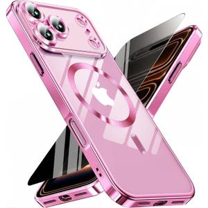 Magnetic for iPhone 17 Pro Max Case with Privacy Screen Protector & Full Camera Cover,[Non-Yellowing] Shockproof Clear Phone Case Compatible with MagSafe Women Girls for iPhone 17 ProMax,Hot Pink