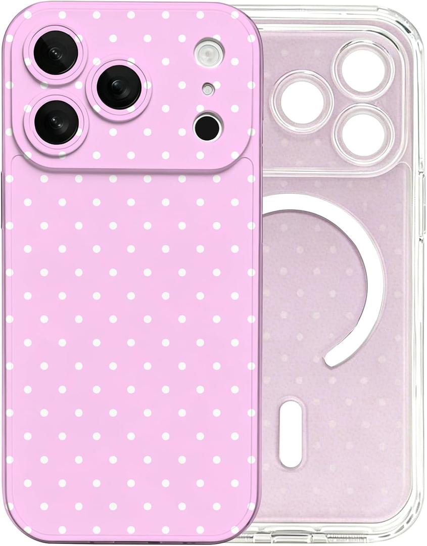 Cute Polka Dot Magnetic Phone Case for iPhone 17 ProFull-Coverage Lens Protection Shockproof Protective Clear Phone Cover for Women&Girls,Pink