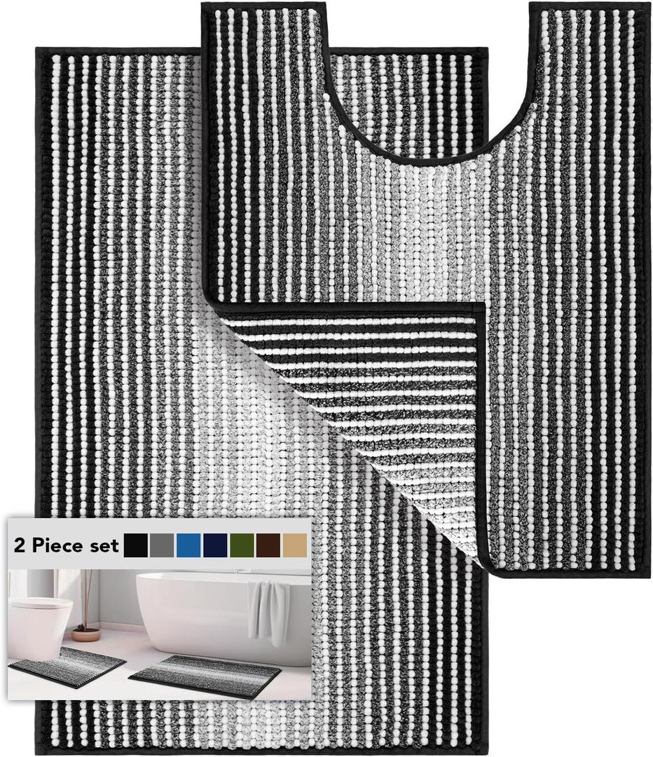 Bathroom Rugs Sets 2 Piece, Toilet Rugs U-Shaped, Contour Bath Mat Set for Toilet Bathroom, Soft Absorbent Chenille Bath Carpet, Quickly Dry, Washable (Black, 32" x 20" + 24" x 20")