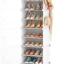 LANTEFUL 10 Tier Shoe Storage Cabinet with Door, Portable Narrow Organizer Rack for 20 Pairs, White Plastic with Hooks for Entryway or Bedroom