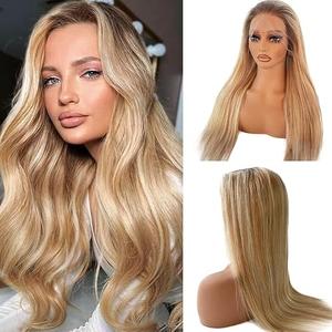 26 Inch Blonde Balayage Human Hair Wigs 13x4 HD Lace Front with Brown Roots Pre Plucked with Baby Hair Blonde Highlight Golden Brown Transparent Wig Bleached Knots 150% Density for Women #4/12/613