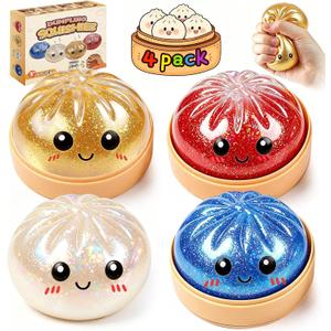 Dumpling Squishy 4 Pack, Dumpling Squishies Fidget Sensory Toys, Colorful Dumplings Stress Balls for Anxiety Relief, Bao Bun Squishy for Kids Adults Presents