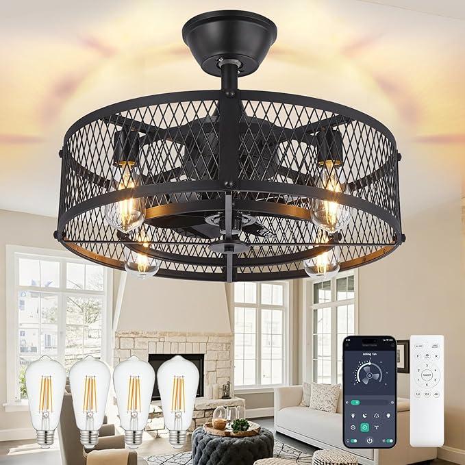 DLLT Caged Ceiling Fan with Light: 20" Farmhouse Fandelier with Light and Remote - Black Rustic Chandelier with Fan for Bedroon Kitchen Living Dining Room