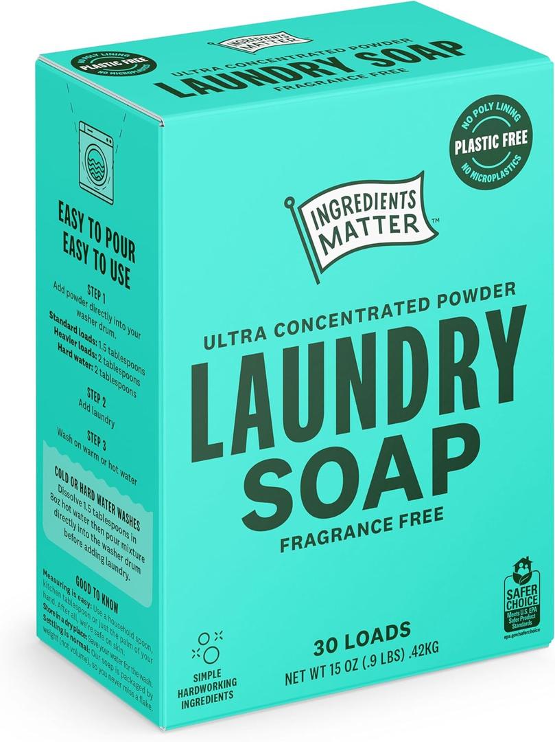 Ingredients Matter Powder Laundry Soap - Fragrance Free, Hypoallergenic Detergent, Natural & Eco-Friendly, Plastic Free, Made in USA, Natural Essential Oils & Dermatologist Tested - 15 oz, 30 Loads