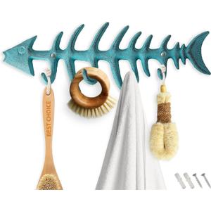 Comfify Decorative Fish Bones Wall Mounted Towel Rack Stylish Cast Iron Hanger w/4 Fish Hooks | Includes Screws and Anchors - Fish Bones Towel Hanger - Teal Blue (Large)