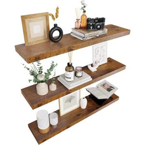 Colima Floating Shelves for Wall Brown Wood Shelf for Bedroom, 36 Inch Wall Mounted Floating Shelves for Bathroom Living Room Kitchen Office, 1.3" Thick Floating Book Shelves for Wall, Set of 3