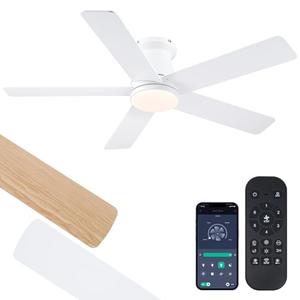 CHESUR Flush Mount Ceiling Fans with Lights - 46in White Fan Light with 5 Dual-Sided Blades, Reversible Mute Motor, Indoor and Outdoor Ceiling Fan for Modern Bedroom