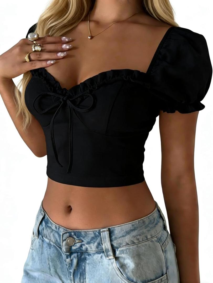 Verdusa Women's Babydoll Tops Puff Sleeve Sweetheart Neckline Top Crop Top, Large