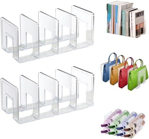 Lemical Clear Acrylic File Sorter 1 Pack Handbag Clutch Purse Organizer Acrylic Shelf Divider Drawer Organizers for Clothes Pouch Notebooks Stand Bookshelf Cooking Utensil (1Pack-4Sections)