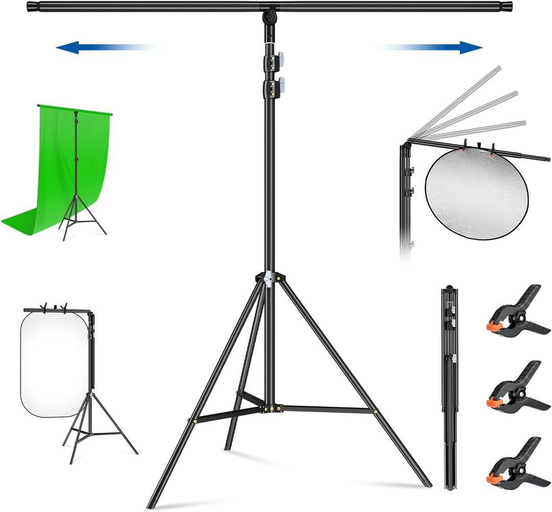 T-Shape Stand for Backdrop 8.5 x 6.7ft Multifunction Background Support Stand Adjustable T Shape Background Holder with 3 Spring Clamps for Party, Photography, Video, Studio (8.5 x 6.7ft)