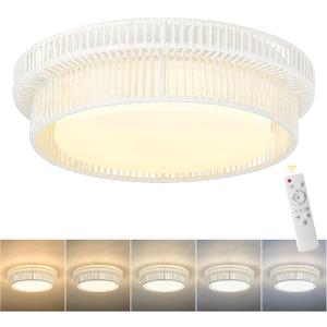 Rattan Light Fixtures Ceiling Mount, HWH 18'' 36W LED Boho Flush Mount Ceiling Light, White Woven Twine Ceiling Light Wicker Light Fixture Remote Control for Bedroom Schoolhouse, 5HYS78LF-LED WH