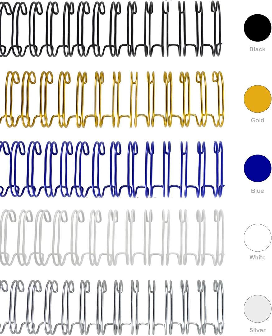 Rayson WR32159M Wire Binding Spines, Multicolor, 3:1 Pitch Double Loop Binding Wires 5/8 Inch, 32-Loop Wire Ring Pack of 50 with Black, Gold, Blue, White, Silver
