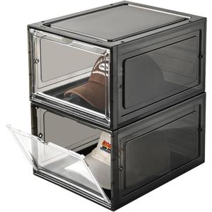 Hat Organizer Box, Stackable Clear Baseball Caps Holder Box Containers with Magnetic Door, Holds 20 Hats (Black Clear, 2 Pack)