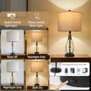 OYEARS Bedside Table Lamp with USB, 23‘’ Black Modern Nightstand Lamps for Bedroom, Retro Rattan Table Lamps for Night Stands, Living Room, Farmhouse Table Lamp with Glass Nightlight Lamps