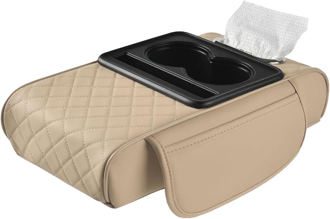 LEIWOOR Car Center Console Armrest Pillow, Booster Cushion with Cup Holder & Phone Holder Universal for Most Car Interior Accessories(Beige, Large)