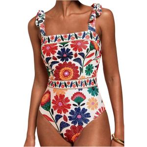 Floerns Women's One Piece Swimsuit Floral Bow Tie Shoulder Tummy Control Bathing Suit (Large, White Multi)