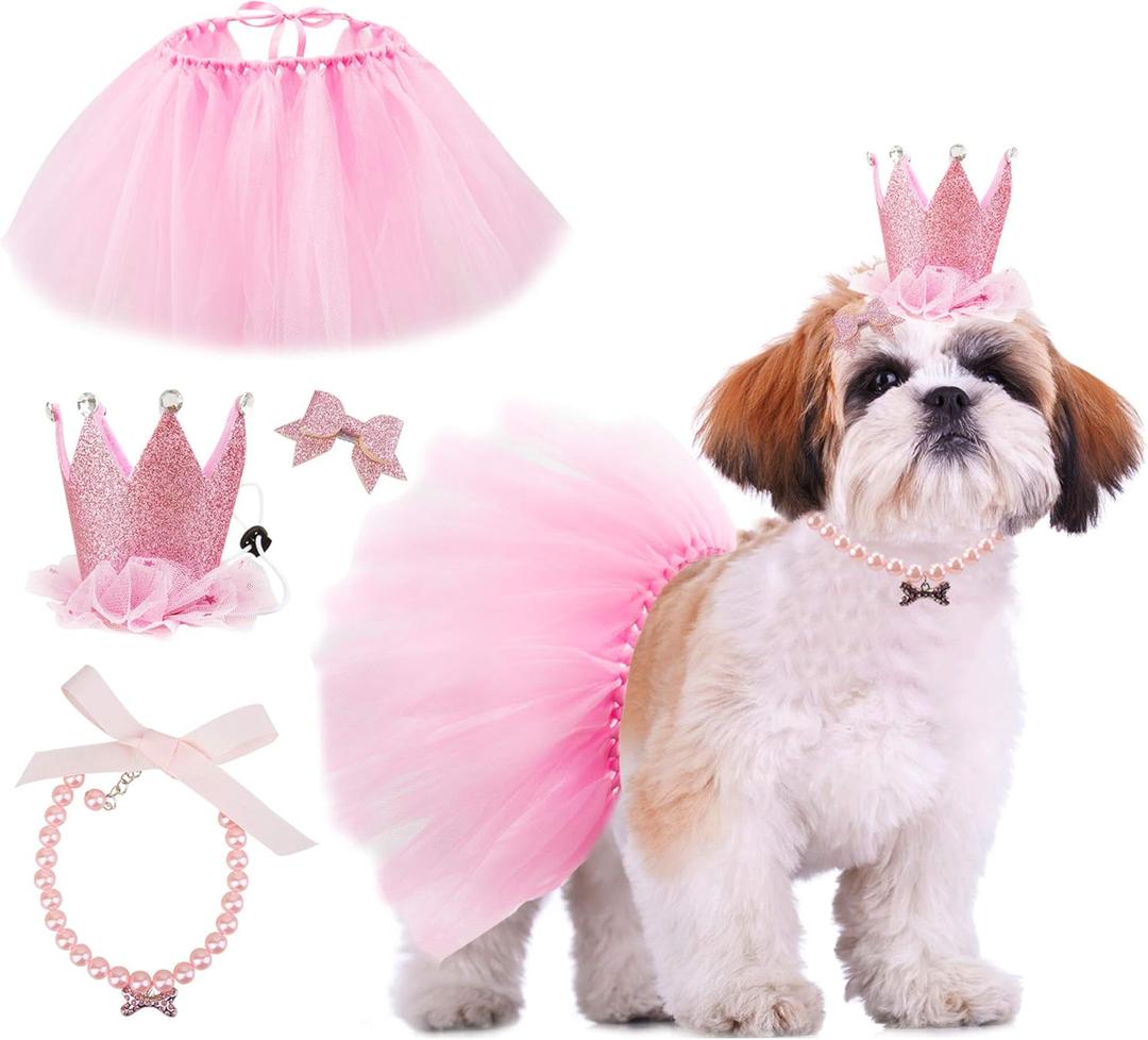 Dog Birthday Outfit Pink Tutu Dogs Birthday Party Supplies Dog Birthday Hat Necklace and Bowtie Hairpin for Dogs (16-23 inch Wrist)