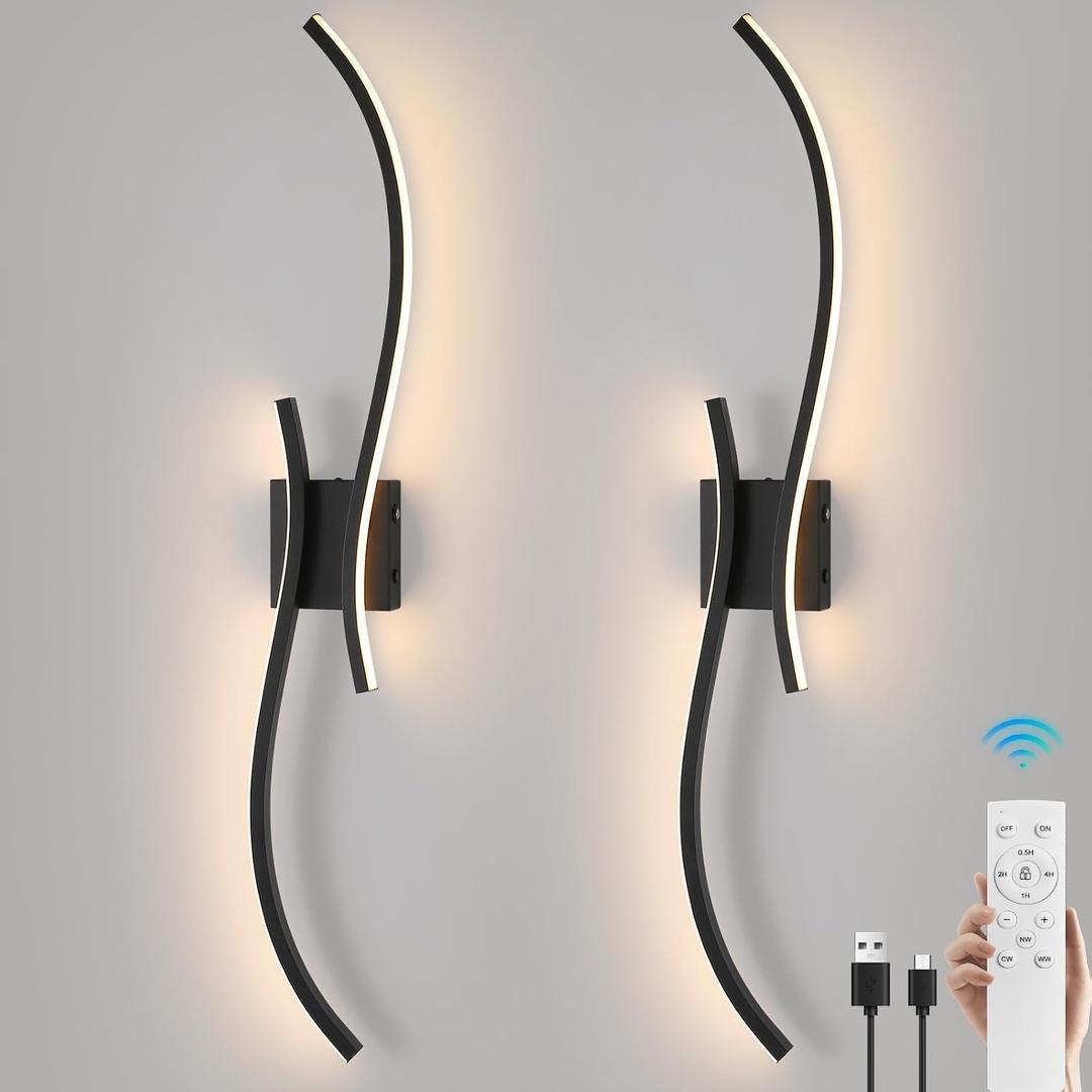 Battery Operated Wall Sconce Set of 2, 18000mAh Black Rechargeable Wall Lights with Remote Control,3000K-6000K Dimmable LED Wireless Wall Light for Living Room Bedroom Hallway,39.3 Inch (Black)