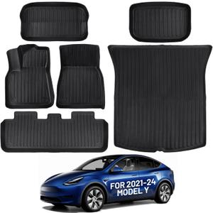 Floor Mats for 2021-2025 Tesla Model Y Custom Fit All Weather TPE Trunk Mats Front & Rear Waterproof Anti-Slip Cargo Liners Accessories for 6 Car Mats 5-Seater (Not Fit 7-Seat)