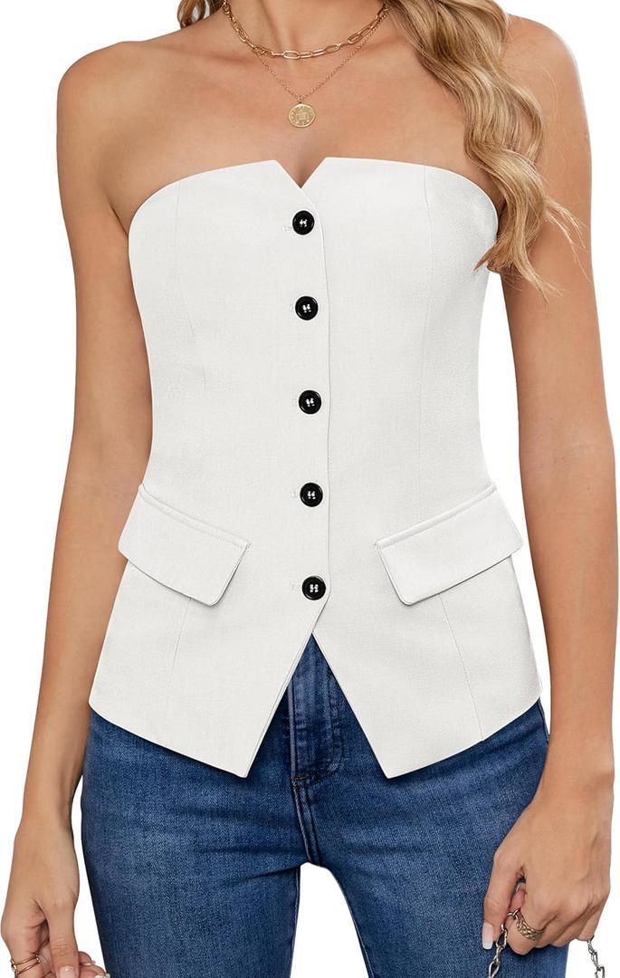 IWH Women's Summer Strapless Vest Tops Notched Neck Tube Tops Button Fitted Sleeveless Work Business Blazer Vest (White) Small