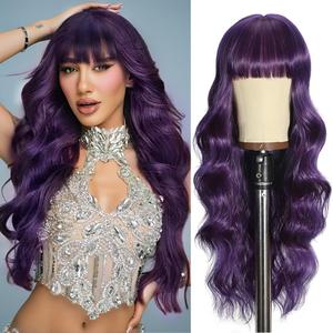 Purple Wigs with Bangs Long curly wavy Wig for Women Long Purple Wavy Wig Wear and Go Natural Synthetic Wigs for Daily Party Use 26IN