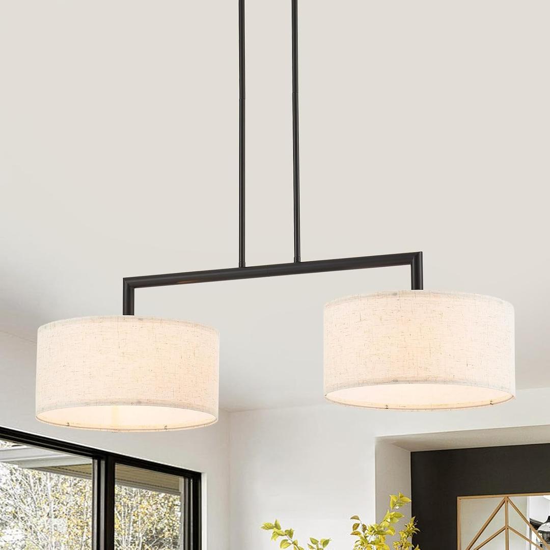 39 Modern Chandelier Off-White Fabric Shade 2-Lights Adjustable Industrial Pendant Light Large Farmhouse Contemporary Pendant Lighting Fixtures for Dining Living Room Kitchen, UL Listed