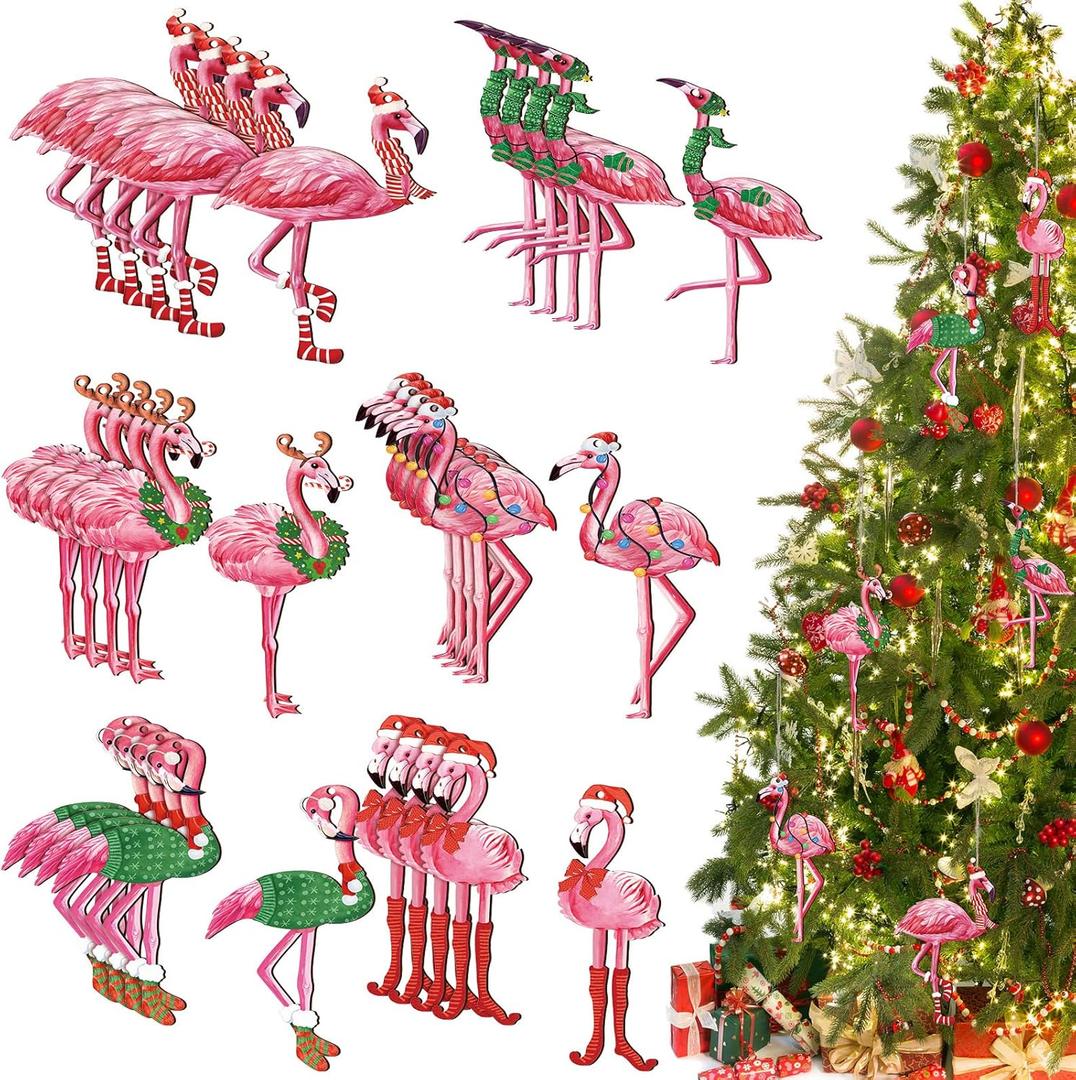 36 Pcs Flamingo Christmas Tree Ornament,Pink Hanging Ornaments Gift Wooden Christmas Tree Decorations with Flax Ropes for Xmas Home Office Party Holiday Decor (Flamingo)