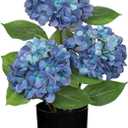 Hollyone Blue Hydrangea Artificial Flowers in Pot Large Silk Three-Head Hydrangeas Flowers Fake Flowers Arrangements for Indoor Home Office Kitchen Table Centerpieces Wedding Decorations