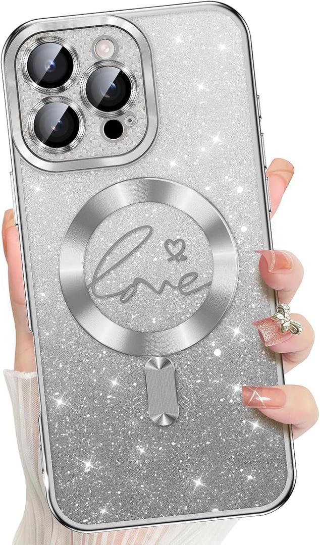 Misscase for iPhone 16 Pro Case Magnetic Glitter with Full Camera Lens Protector,[Compatible with MagSafe] Cute Glitter Bling Sparkly Love Hearts Plating Cover Phone Case for Women Girls-Silver