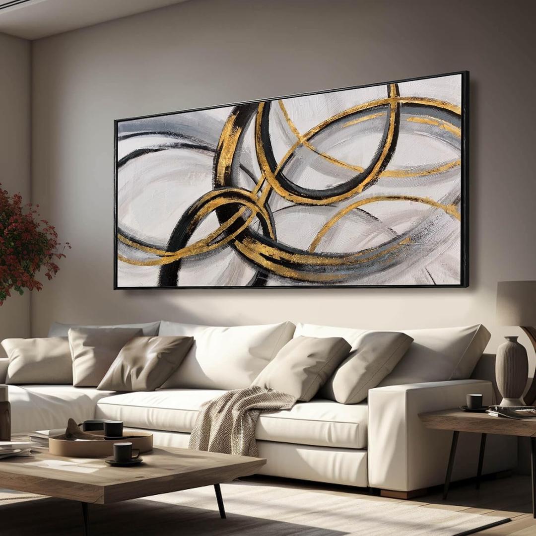 Large Framed Canvas Wall Art Gold Foil Prints Art Abstract Wall Pictures for Bedroom Dining Room Black Line Art 29"x 58" Gallery Wall Decor