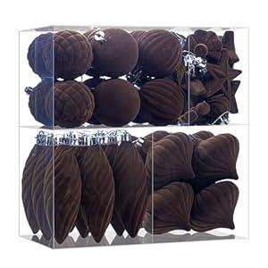 48Pcs Pink Velvet Christmas Ornaments Set, Assorted Flocked Christmas Baubles Decorations, Shatterproof Christmas Balls Hanging Decor for Xmas Tree/Home/Party/Holiday (Brown)