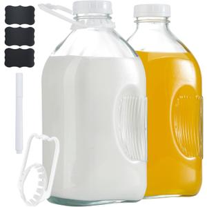 Glass Milk Jugs Bottles - Half Gallon / 2Qt Container Pitcher with Airtight Screw Lids and Handle for Milk, Breastmilk, Juice, Iced Tea, Cold Water, 64 OZ Set of 2