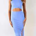 PRETTYGARDEN Women's Summer Midi Bodycon Dresses Casual Crew Neck Side Slit Sleeveless Knit Cut Out Tank Top Dress (Blue, M)