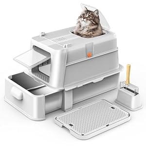 HEGGCOOE Enclosed Stainless Steel Cat Litter Box with Lid，XL Large Metal Cat Box with Drawer for Big Cats,Top Exit Kitty Litter Box Includes Scoop, Filter Pedal,Odor Control, Easy Cleaning